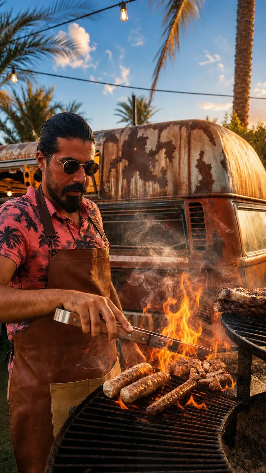 Roudy in sunglasses and a leather apron turning sausages over the open fire beside the rusty van