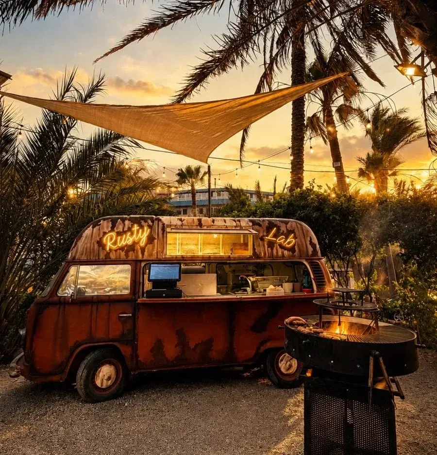 The rusty Rusty Lab van at dusk, its neon sign lit, under palm trees and string lights, with the grill burning beside it
